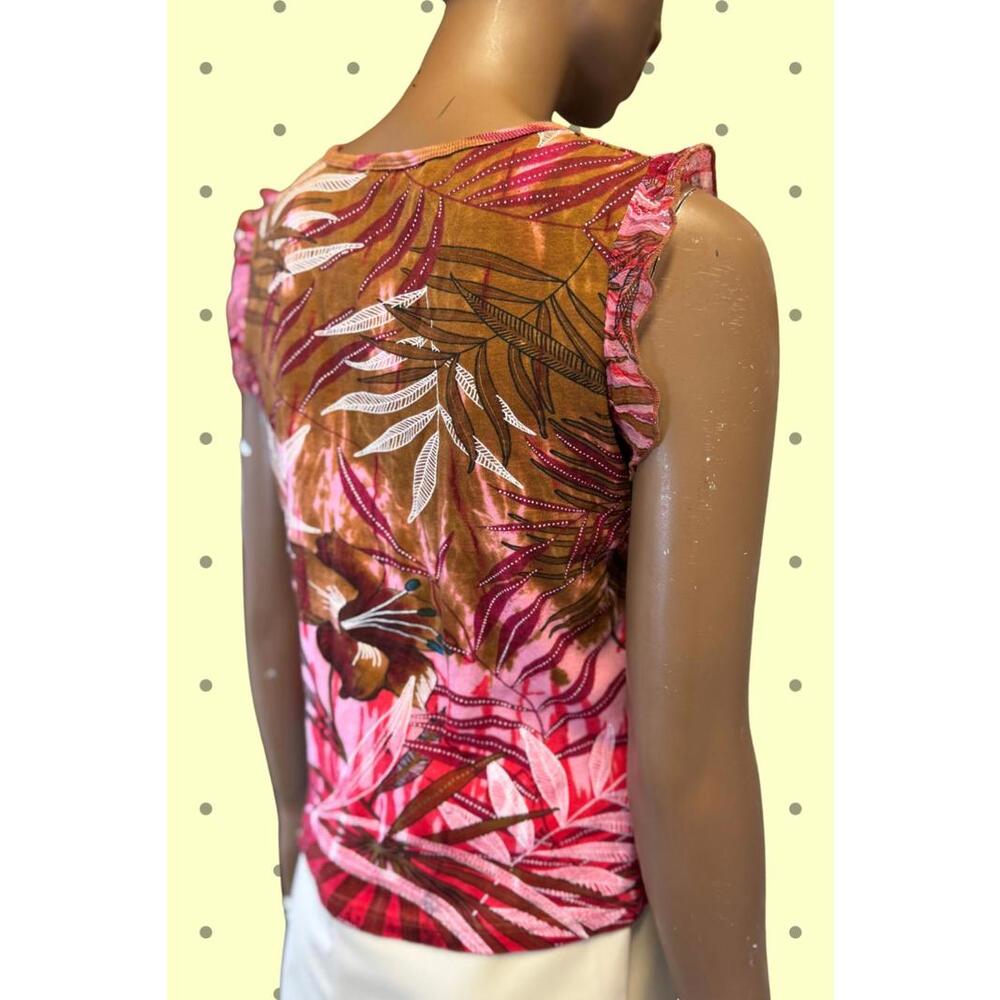 Vintage colorful tank florals ruffle sleeves y2k size S tropical leaf hibiscus